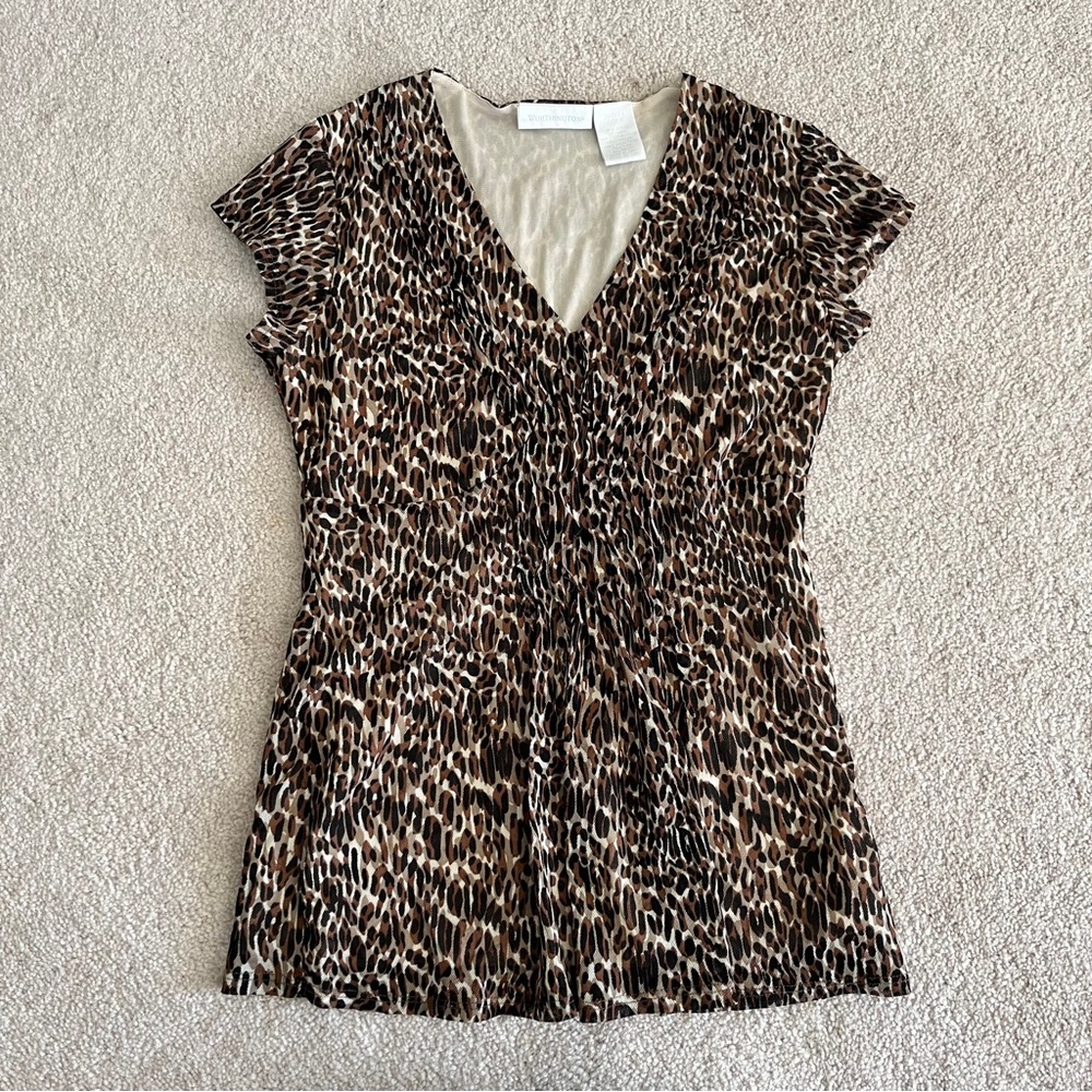 Vintage Worthington Y2K Leopard Print Ruched Front Short Sleeve Top